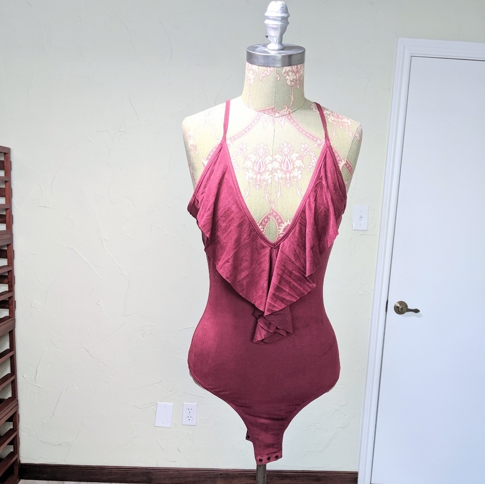 Shein burgundy maroon faux suede bodysuit deep v neck tank